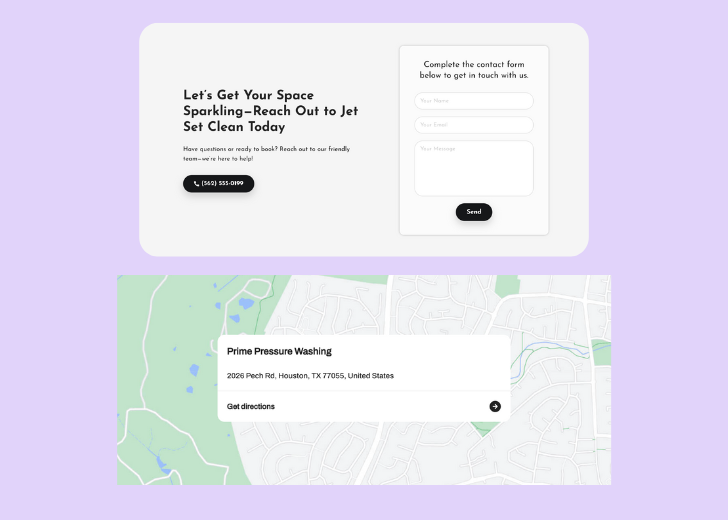 A screenshot of a header with navigation pills with contact number, a blue-colored primary button with contact number, and a 2D depiction of a map with a business address in the center