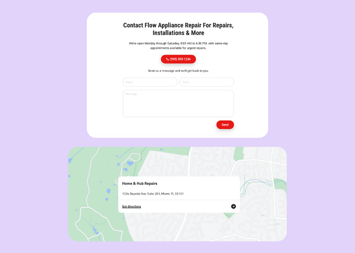 A screenshot of a header with navigation pills with contact number, a blue-colored primary button with contact number, and a 2D depiction of a map with a business address in the center
