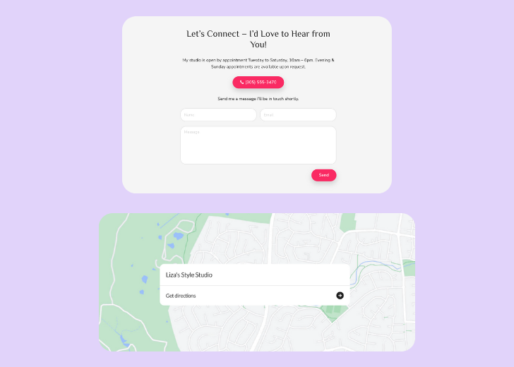 A screenshot of a header with navigation pills with contact number, a blue-colored primary button with contact number, and a 2D depiction of a map with a business address in the center