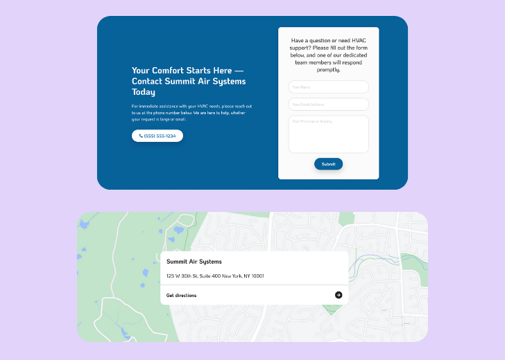 A screenshot of a header with navigation pills with contact number, a blue-colored primary button with contact number, and a 2D depiction of a map with a business address in the center