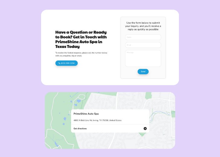 A screenshot of a header with navigation pills with contact number, a blue-colored primary button with contact number, and a 2D depiction of a map with a business address in the center