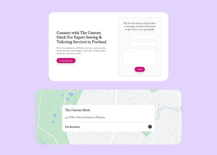 A screenshot of a header with navigation pills with contact number, a blue-colored primary button with contact number, and a 2D depiction of a map with a business address in the center