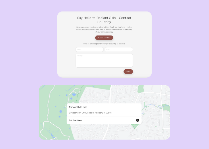 A screenshot of a header with navigation pills with contact number, a blue-colored primary button with contact number, and a 2D depiction of a map with a business address in the center