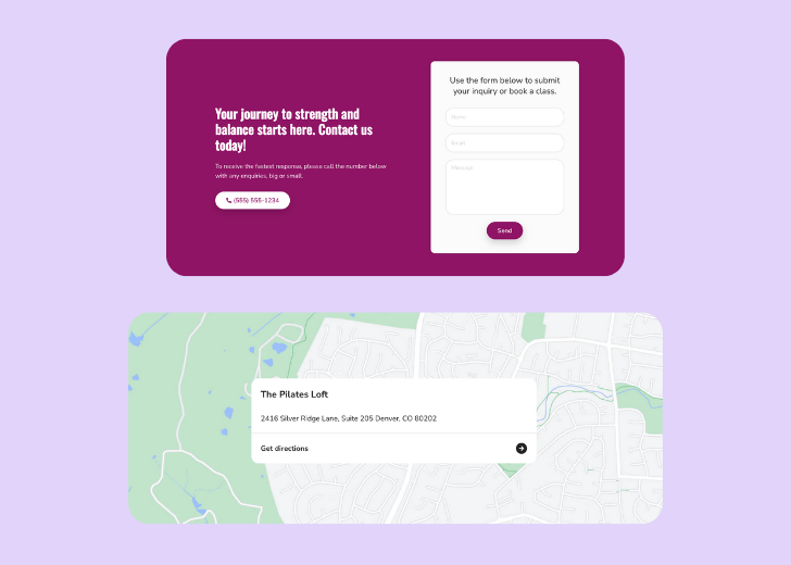 A screenshot of a header with navigation pills with contact number, a blue-colored primary button with contact number, and a 2D depiction of a map with a business address in the center