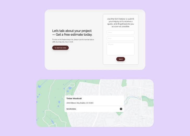 A screenshot of a header with navigation pills with contact number, a blue-colored primary button with contact number, and a 2D depiction of a map with a business address in the center