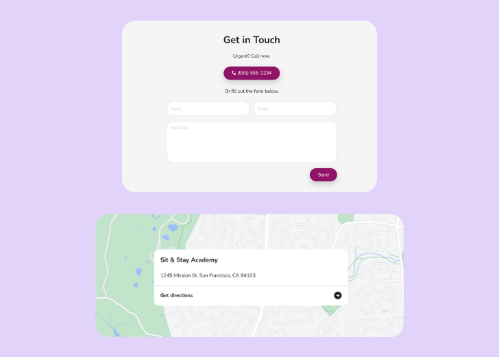 A screenshot of a header with navigation pills with contact number, a blue-colored primary button with contact number, and a 2D depiction of a map with a business address in the center