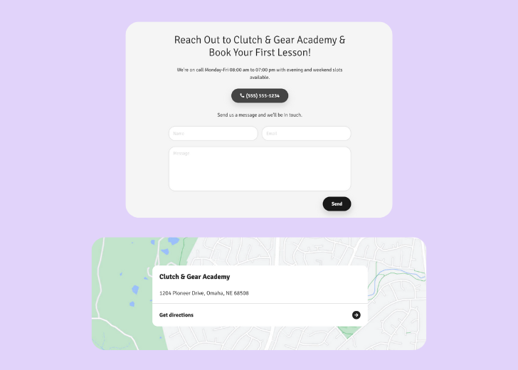 A screenshot of a header with navigation pills with contact number, a blue-colored primary button with contact number, and a 2D depiction of a map with a business address in the center