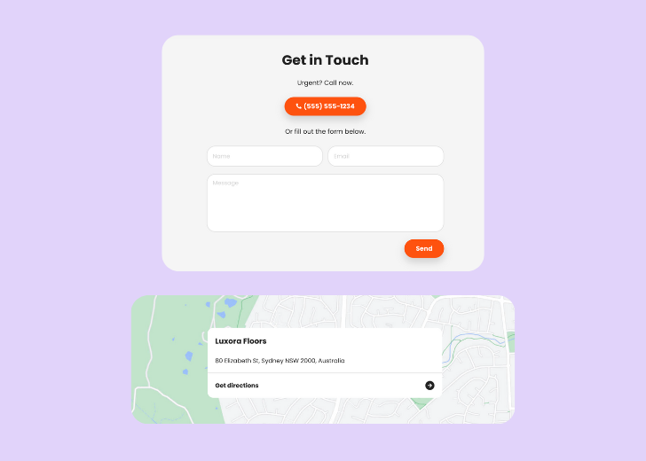 A screenshot of a header with navigation pills with contact number, a blue-colored primary button with contact number, and a 2D depiction of a map with a business address in the center