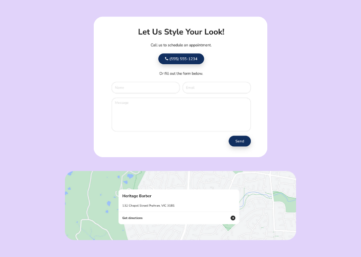 A screenshot of a header with navigation pills with contact number, a blue-colored primary button with contact number, and a 2D depiction of a map with a business address in the center