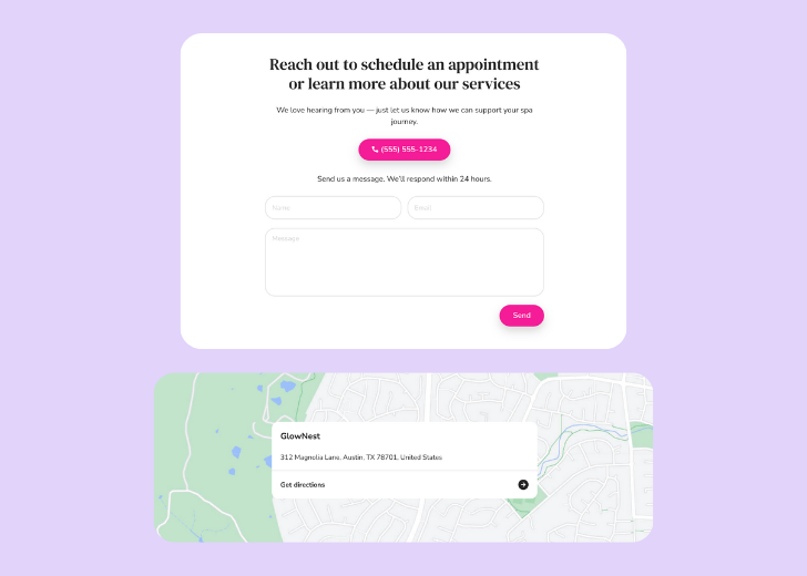 A screenshot of a header with navigation pills with contact number, a blue-colored primary button with contact number, and a 2D depiction of a map with a business address in the center