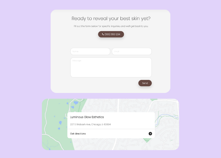 A screenshot of a header with navigation pills with contact number, a blue-colored primary button with contact number, and a 2D depiction of a map with a business address in the center