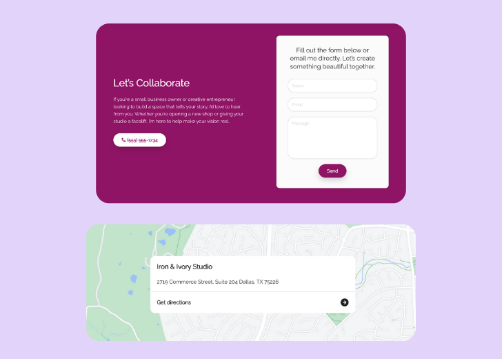 A screenshot of a header with navigation pills with contact number, a blue-colored primary button with contact number, and a 2D depiction of a map with a business address in the center