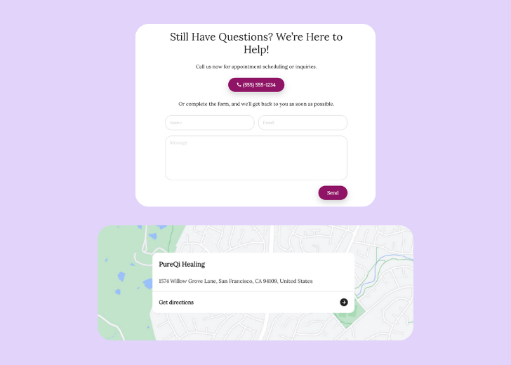 A screenshot of a header with navigation pills with contact number, a blue-colored primary button with contact number, and a 2D depiction of a map with a business address in the center