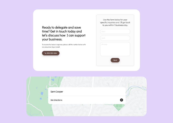 A screenshot of a header with navigation pills with contact number, a blue-colored primary button with contact number, and a 2D depiction of a map with a business address in the center
