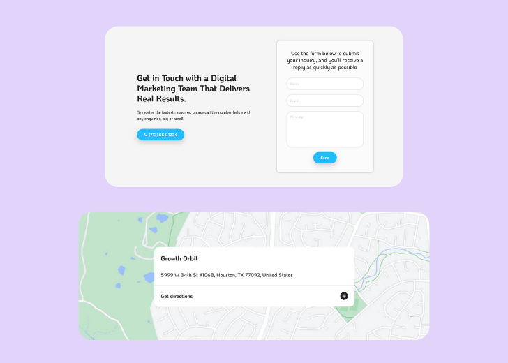 A screenshot of a header with navigation pills with contact number, a blue-colored primary button with contact number, and a 2D depiction of a map with a business address in the center