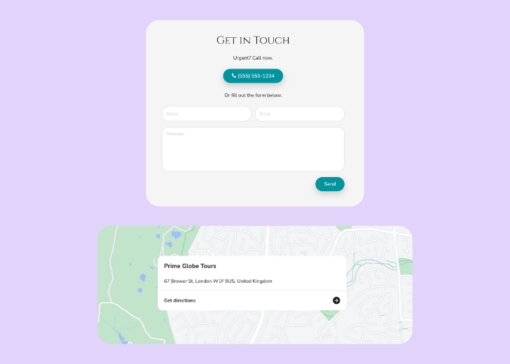 A screenshot of a header with navigation pills with contact number, a blue-colored primary button with contact number, and a 2D depiction of a map with a business address in the center