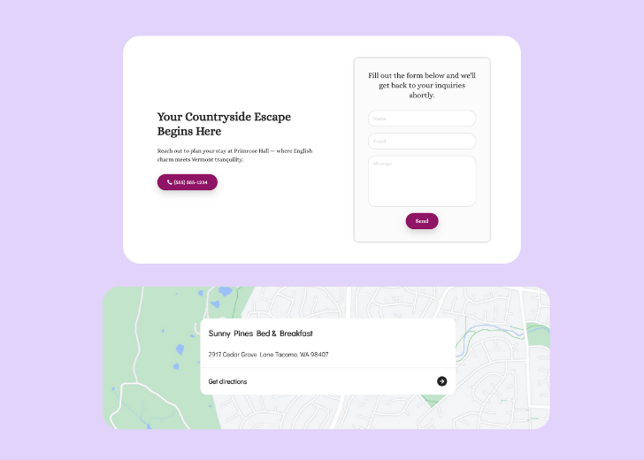 A screenshot of a header with navigation pills with contact number, a blue-colored primary button with contact number, and a 2D depiction of a map with a business address in the center