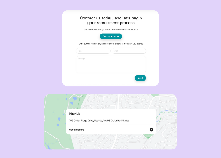 A screenshot of a header with navigation pills with contact number, a blue-colored primary button with contact number, and a 2D depiction of a map with a business address in the center