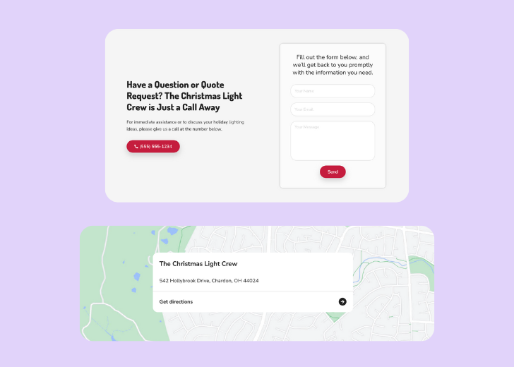 A screenshot of a header with navigation pills with contact number, a blue-colored primary button with contact number, and a 2D depiction of a map with a business address in the center