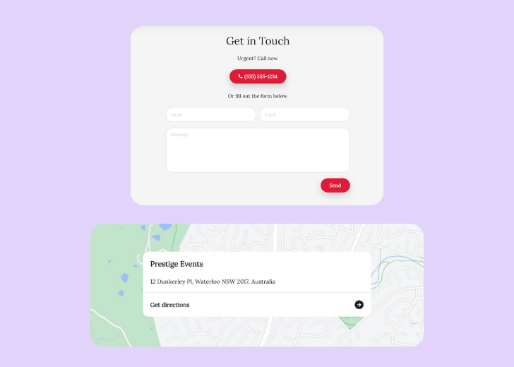 A screenshot of a header with navigation pills with contact number, a blue-colored primary button with contact number, and a 2D depiction of a map with a business address in the center