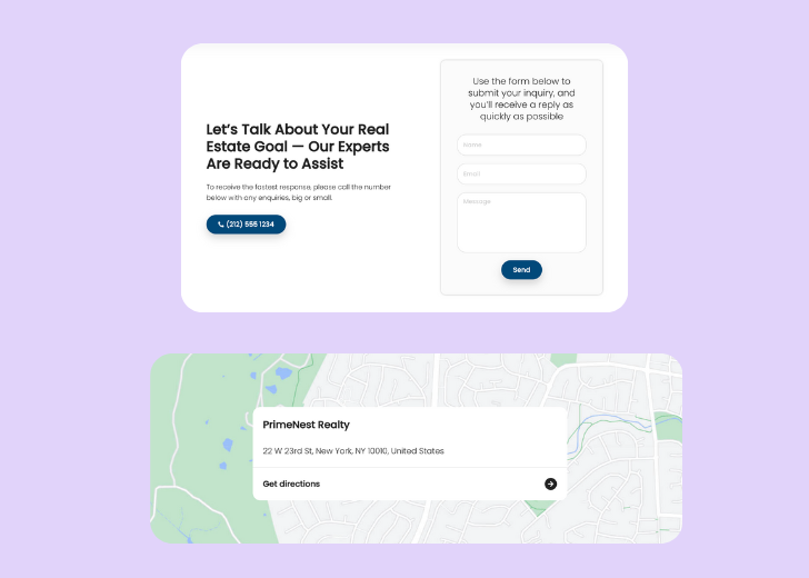 A screenshot of a header with navigation pills with contact number, a blue-colored primary button with contact number, and a 2D depiction of a map with a business address in the center