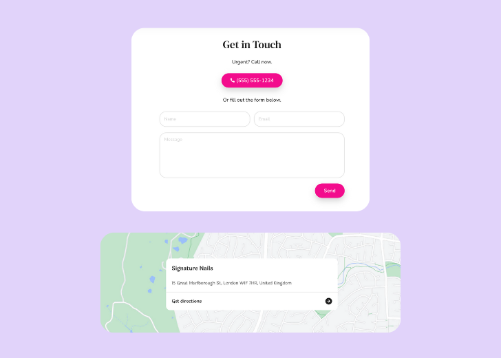 A screenshot of a header with navigation pills with contact number, a blue-colored primary button with contact number, and a 2D depiction of a map with a business address in the center