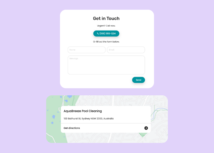 A screenshot of a header with navigation pills with contact number, a blue-colored primary button with contact number, and a 2D depiction of a map with a business address in the center