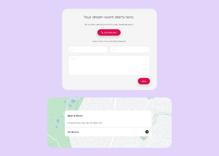 A screenshot of a header with navigation pills with contact number, a blue-colored primary button with contact number, and a 2D depiction of a map with a business address in the center