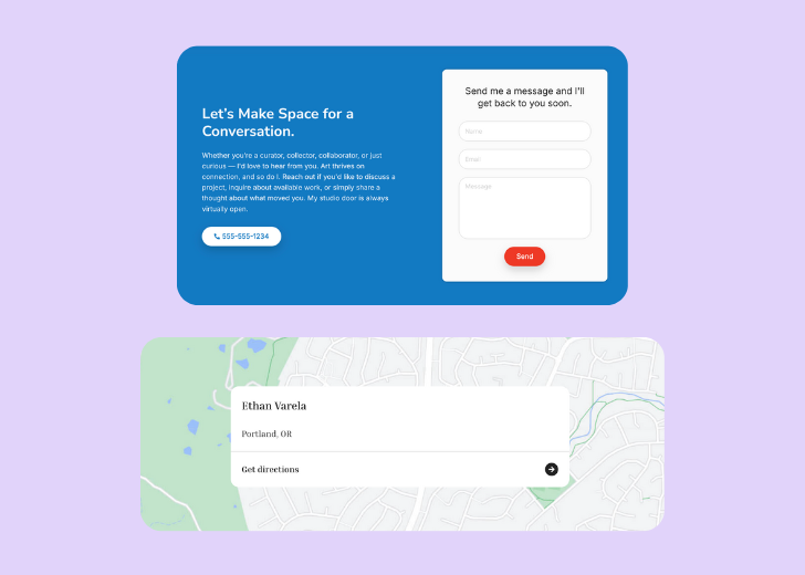 A screenshot of a header with navigation pills with contact number, a blue-colored primary button with contact number, and a 2D depiction of a map with a business address in the center