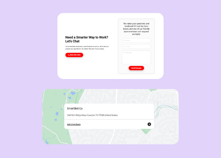 A screenshot of a header with navigation pills with contact number, a blue-colored primary button with contact number, and a 2D depiction of a map with a business address in the center