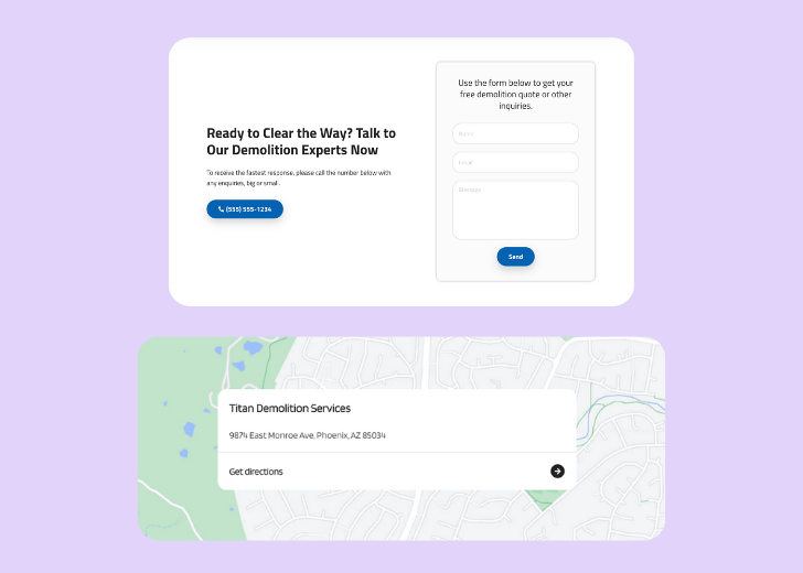 A screenshot of a header with navigation pills with contact number, a blue-colored primary button with contact number, and a 2D depiction of a map with a business address in the center