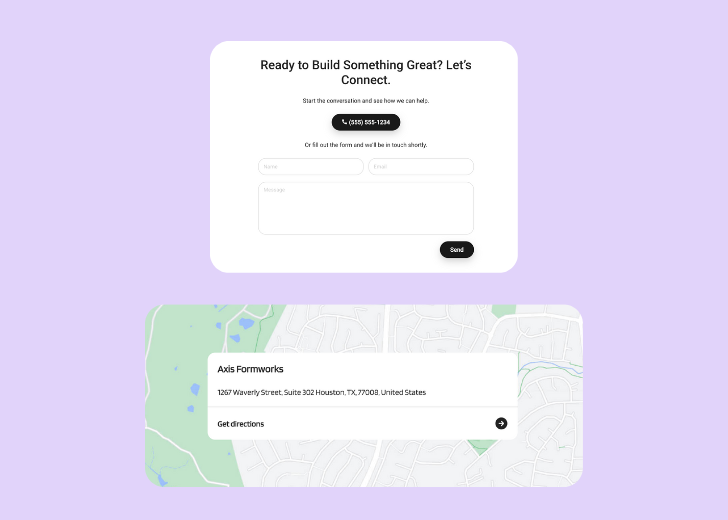 A screenshot of a header with navigation pills with contact number, a blue-colored primary button with contact number, and a 2D depiction of a map with a business address in the center