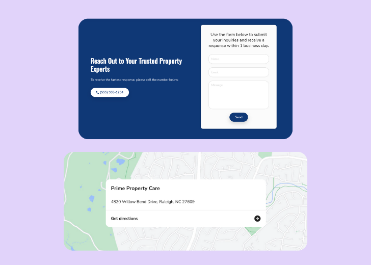 A screenshot of a header with navigation pills with contact number, a blue-colored primary button with contact number, and a 2D depiction of a map with a business address in the center