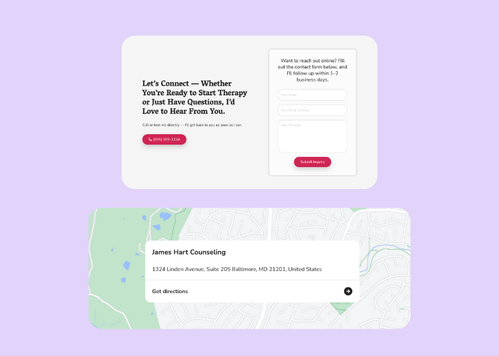 A screenshot of a header with navigation pills with contact number, a blue-colored primary button with contact number, and a 2D depiction of a map with a business address in the center