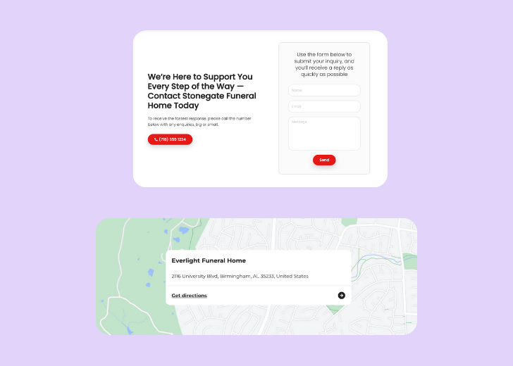A screenshot of a header with navigation pills with contact number, a blue-colored primary button with contact number, and a 2D depiction of a map with a business address in the center