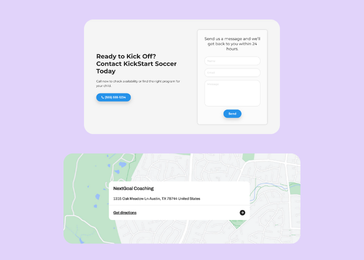 A screenshot of a header with navigation pills with contact number, a blue-colored primary button with contact number, and a 2D depiction of a map with a business address in the center