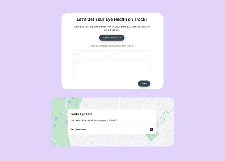 A screenshot of a header with navigation pills with contact number, a blue-colored primary button with contact number, and a 2D depiction of a map with a business address in the center