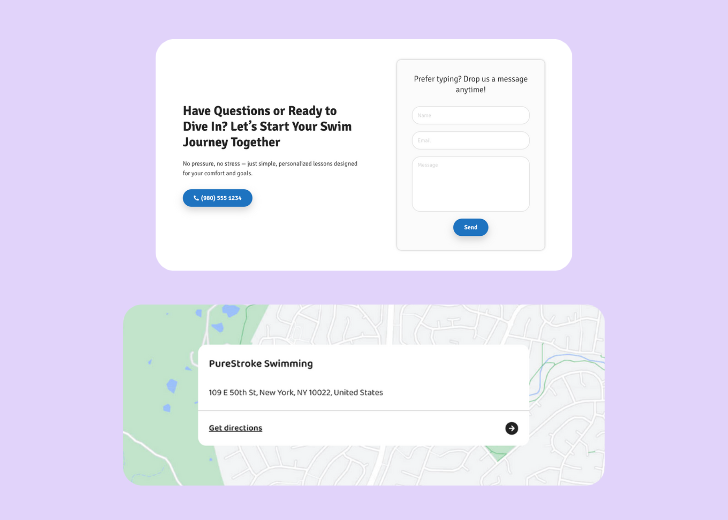 A screenshot of a header with navigation pills with contact number, a blue-colored primary button with contact number, and a 2D depiction of a map with a business address in the center
