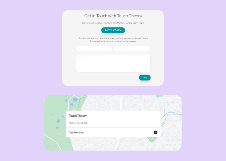 A screenshot of a header with navigation pills with contact number, a blue-colored primary button with contact number, and a 2D depiction of a map with a business address in the center