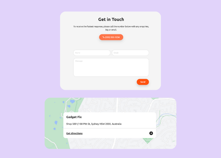 A screenshot of a header with navigation pills with contact number, a blue-colored primary button with contact number, and a 2D depiction of a map with a business address in the center