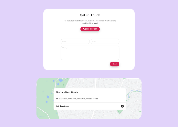 A screenshot of a header with navigation pills with contact number, a blue-colored primary button with contact number, and a 2D depiction of a map with a business address in the center