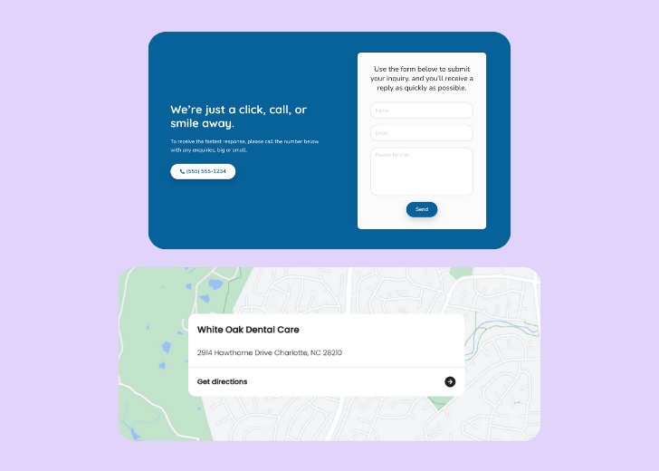 A screenshot of a header with navigation pills with contact number, a blue-colored primary button with contact number, and a 2D depiction of a map with a business address in the center