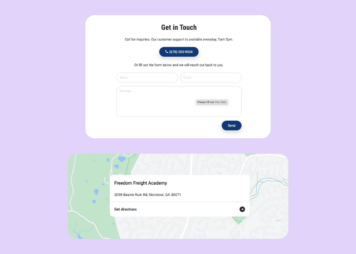 A screenshot of a header with navigation pills with contact number, a blue-colored primary button with contact number, and a 2D depiction of a map with a business address in the center