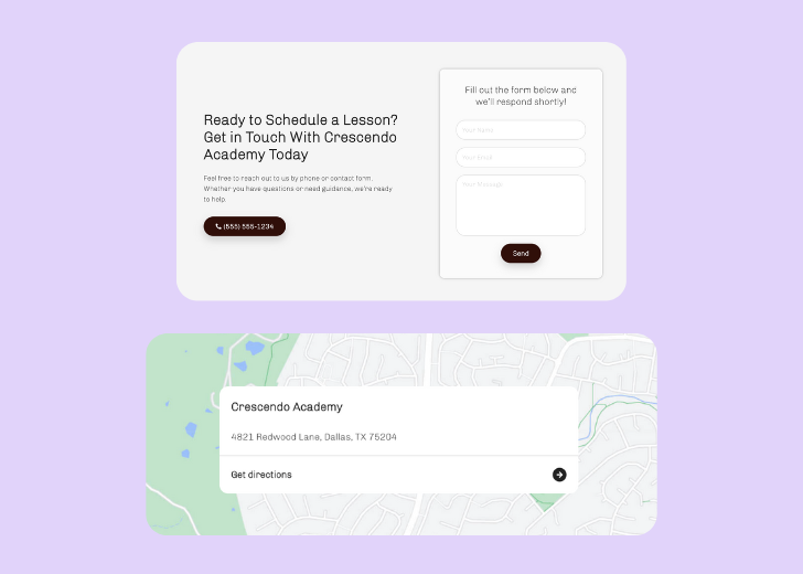 A screenshot of a header with navigation pills with contact number, a blue-colored primary button with contact number, and a 2D depiction of a map with a business address in the center