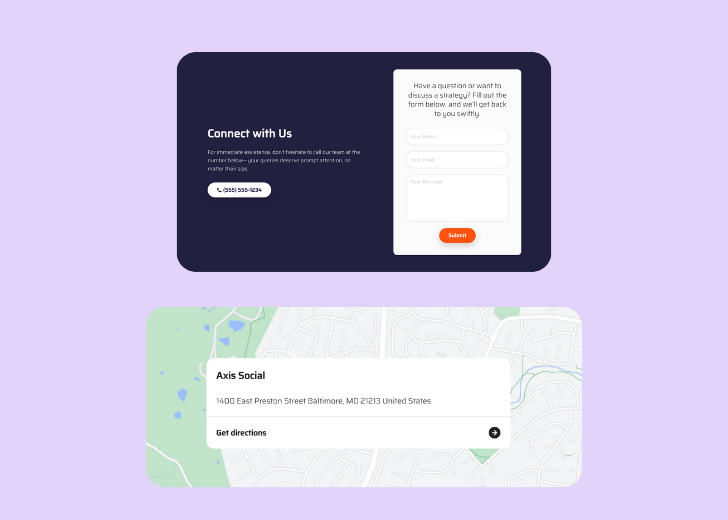 A screenshot of a header with navigation pills with contact number, a blue-colored primary button with contact number, and a 2D depiction of a map with a business address in the center