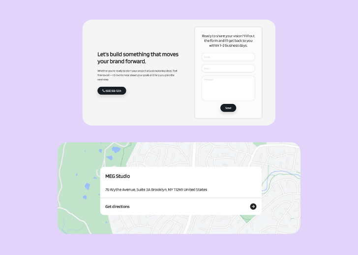 A screenshot of a header with navigation pills with contact number, a blue-colored primary button with contact number, and a 2D depiction of a map with a business address in the center