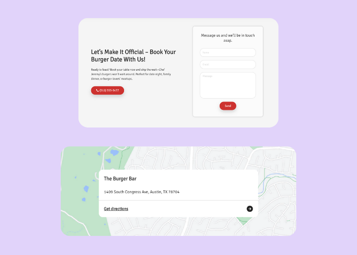 A screenshot of a header with navigation pills with contact number, a blue-colored primary button with contact number, and a 2D depiction of a map with a business address in the center