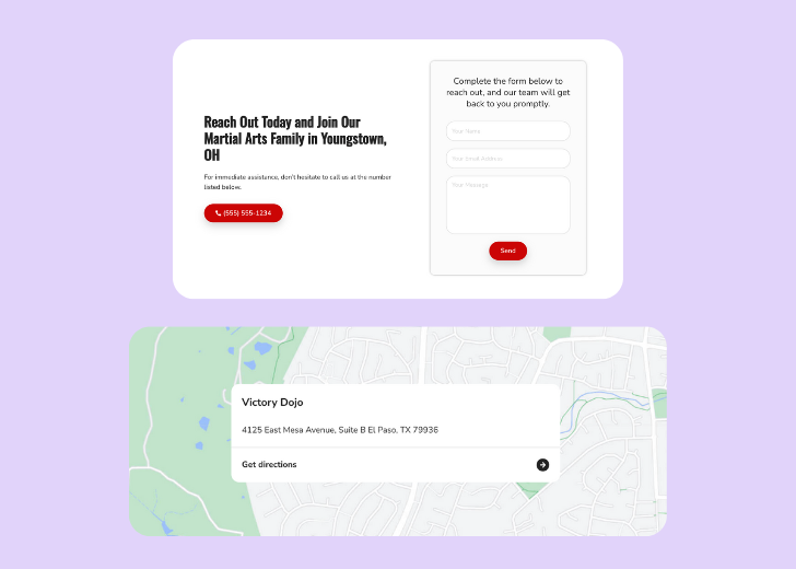 A screenshot of a header with navigation pills with contact number, a blue-colored primary button with contact number, and a 2D depiction of a map with a business address in the center