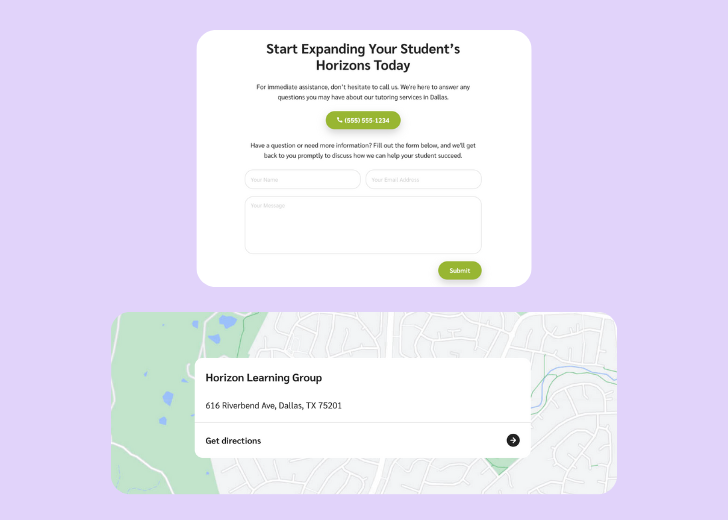 A screenshot of a header with navigation pills with contact number, a blue-colored primary button with contact number, and a 2D depiction of a map with a business address in the center