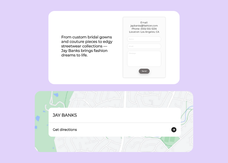 A screenshot of a header with navigation pills with contact number, a blue-colored primary button with contact number, and a 2D depiction of a map with a business address in the center